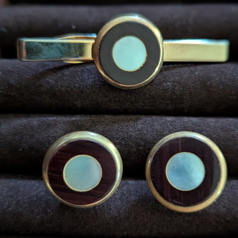 Vintage Gold, Black With Mother Of Pearl Cufflinks and Tie Clip Set